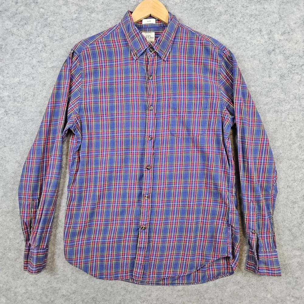 J Crew Men's Blue & Red Plaid Brushed Twill Shirt Size M Slim Fit‎ 100% Cotton